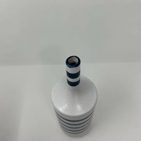Crate and Barrel Terra Cotta Vase Blue Striped Gray Nautical Decor Hand Painted - Picture 6 of 14
